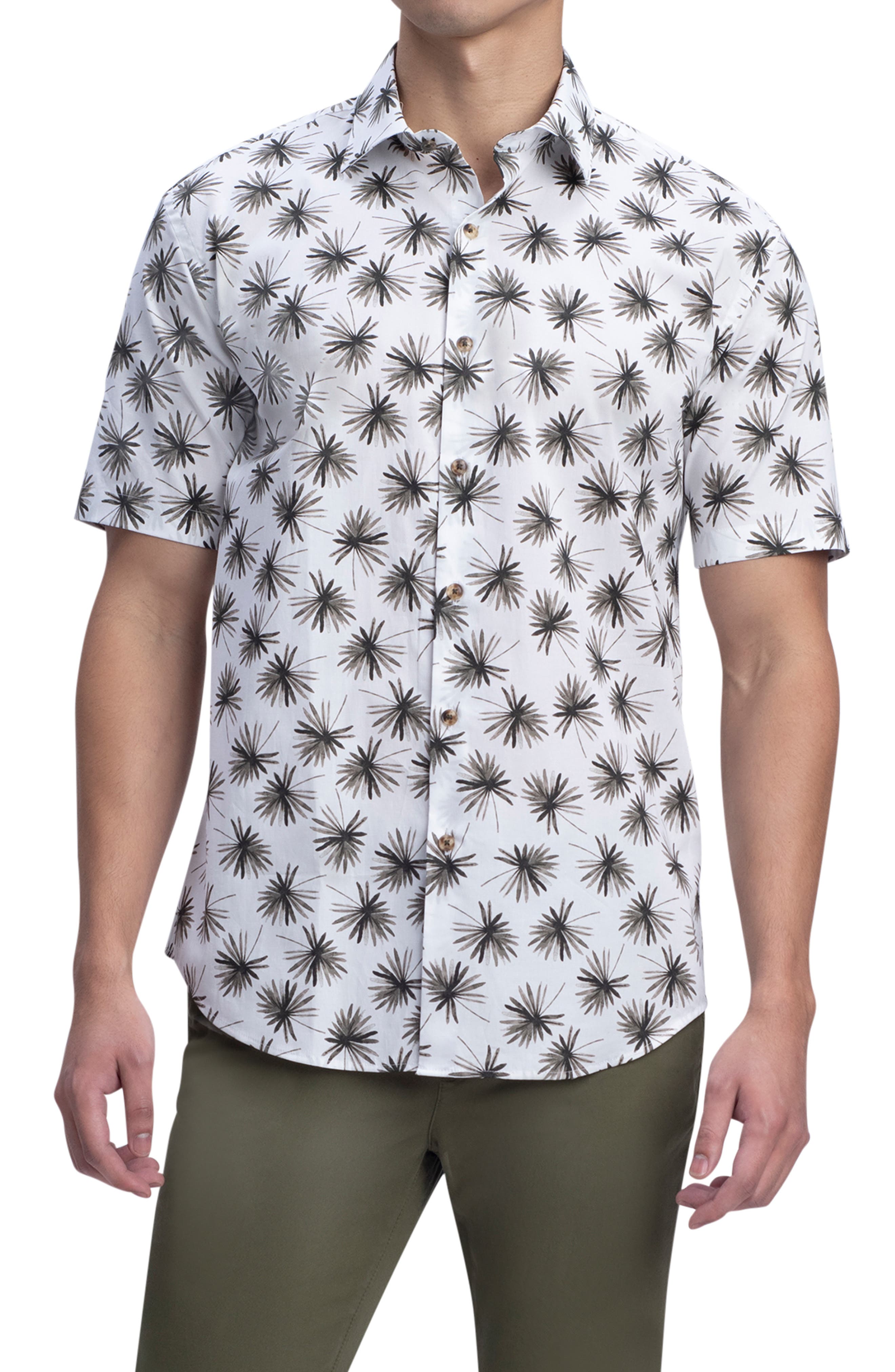 Bugatchi Mens Short Sleeve Fitted Striped Background Fedora Print Shirt 
